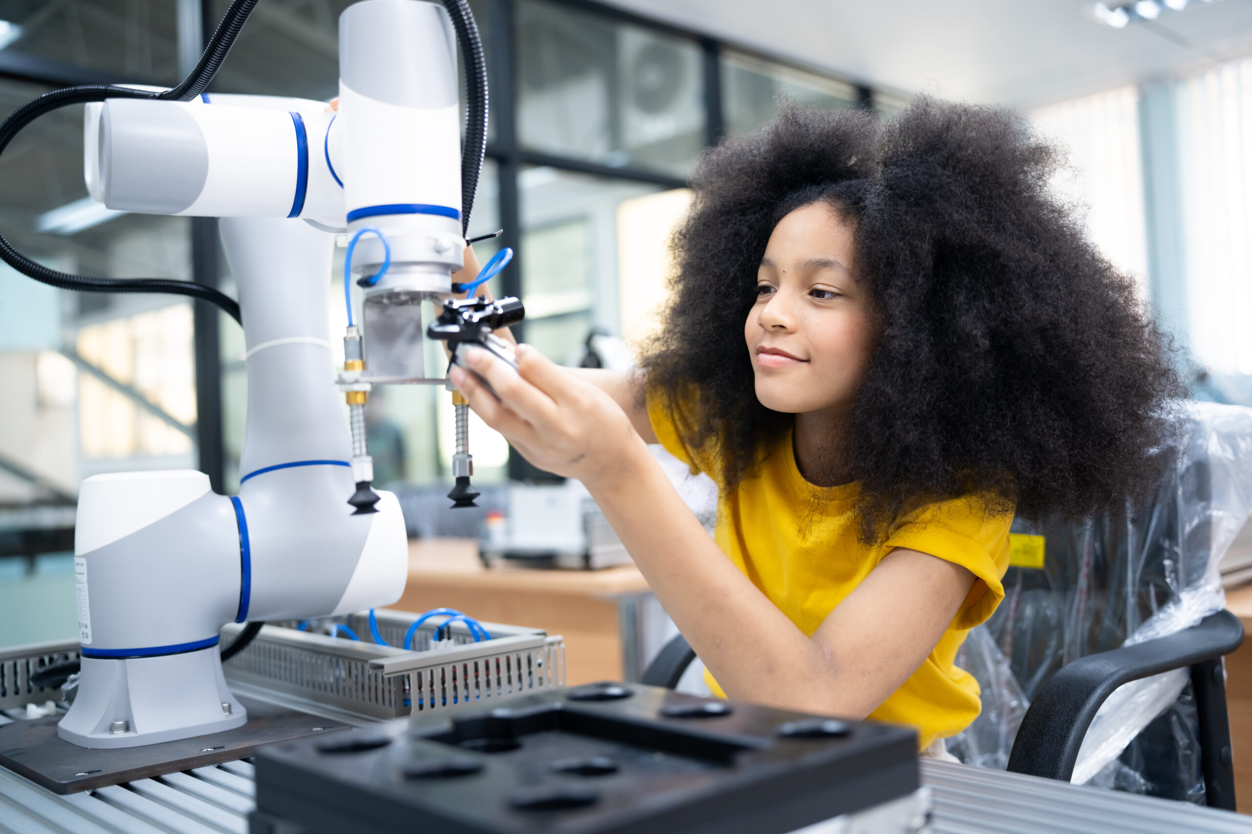 Stem education. Girl creating robot at lab