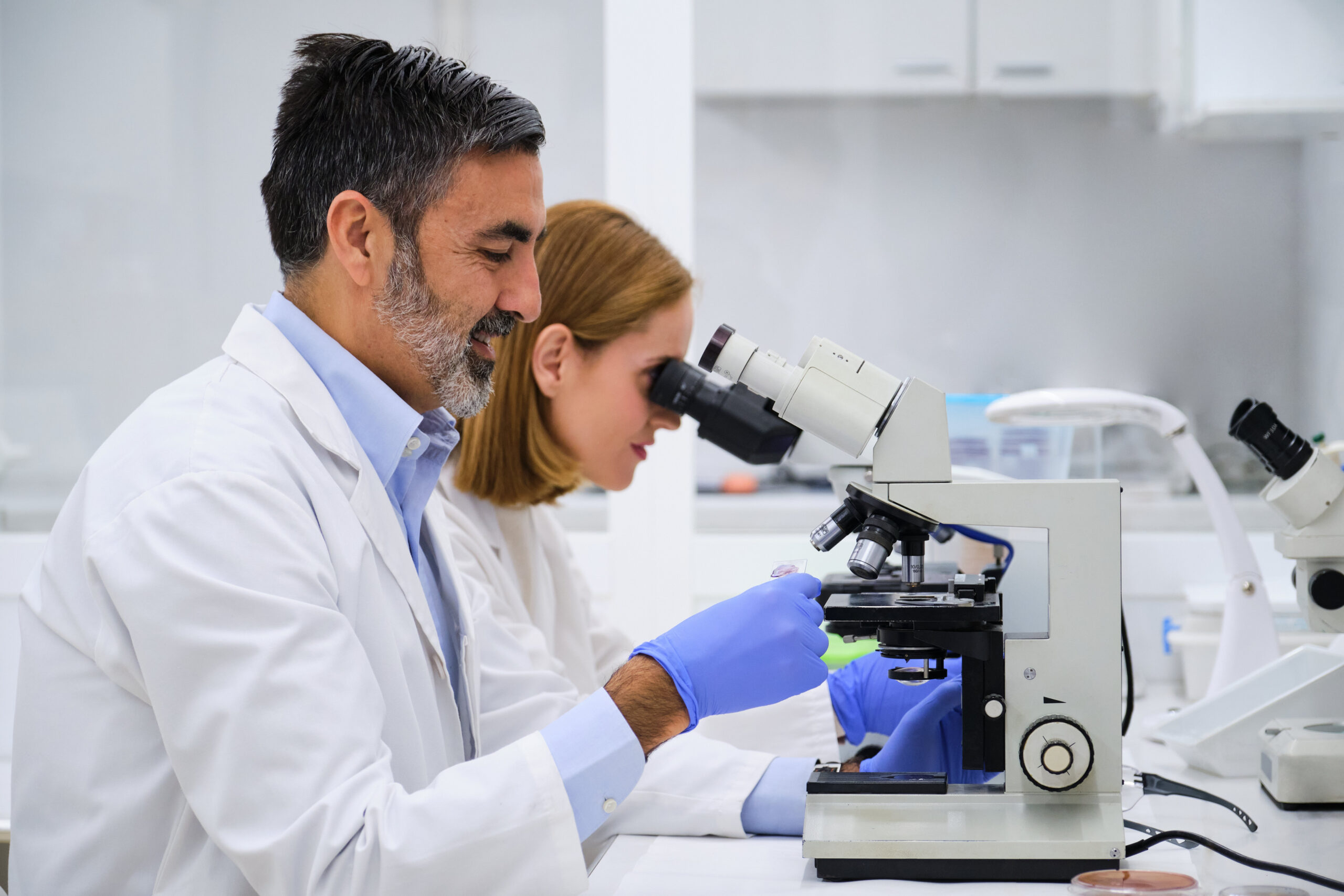 Scientists conducting research investigations in a medical laboratory, researcher using a microscope.