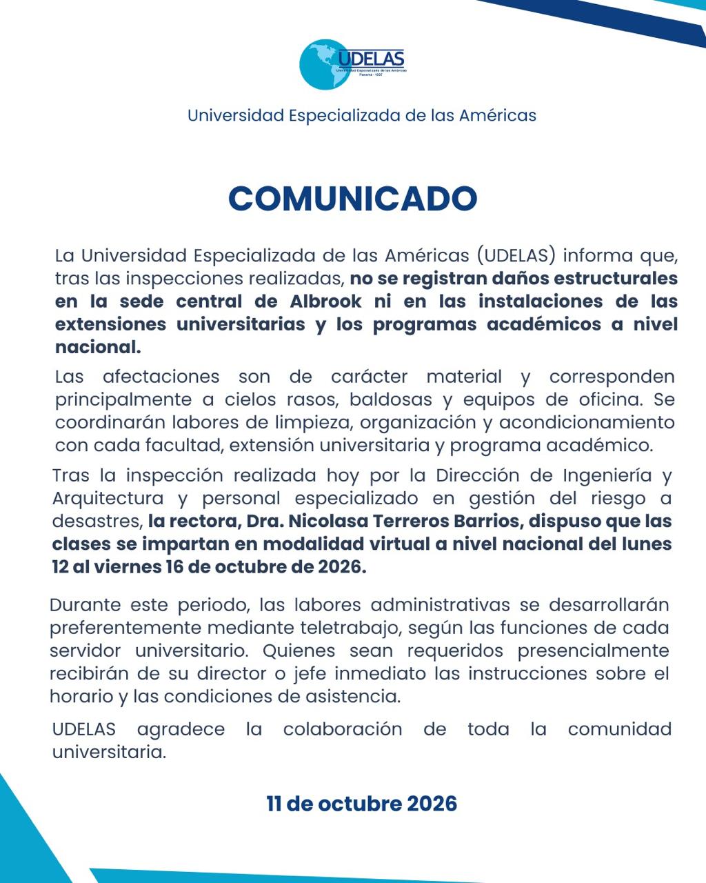 Comunicado UDELAS del 11 de octubre